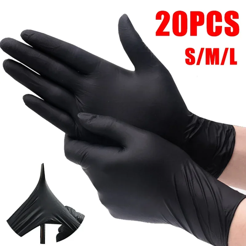 20pcs Disposable Nitrile Gloves Powder Free Waterproof Kitchen Cleaning Gloves Black Laboratory Cooking Car Repairing Gloves