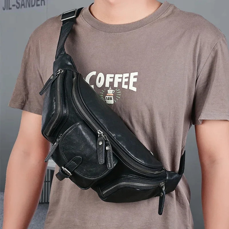 Big Size Leather Chest Bag Waist Pouch Real Cowhide Chest Pack Real Cowhide Crossbody Sling Bags Outdoor Men Fanny Pack