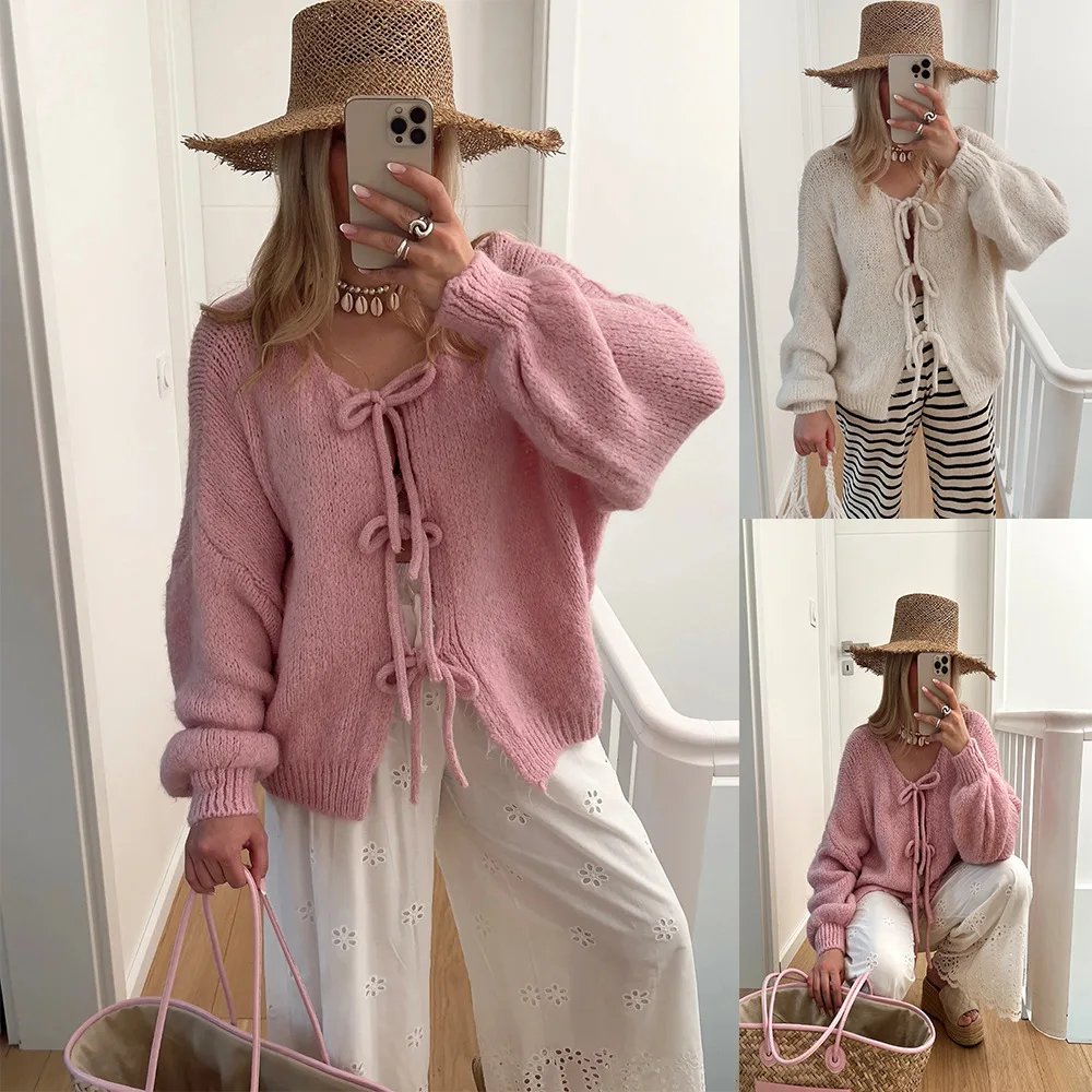 European American Fashion New Autumn Winter Style Women  Long  Sleeved Cardigan Sweater Round Neck Pink  Details Featuring Laid