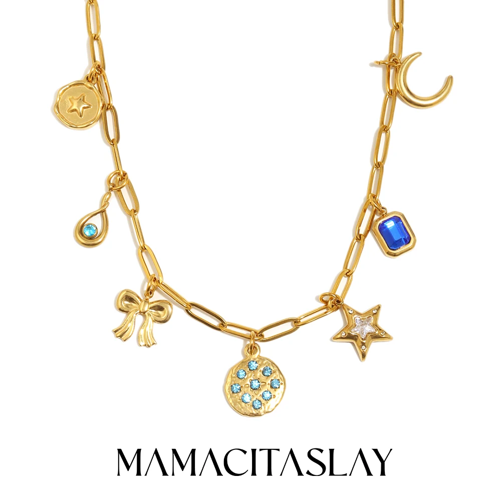 

MamacitaSlay 316L Stainless Steel Zircon Star Moon Necklace Party Waterproof Jewelry Women's Charm Handmade Neck Jewelry Gift