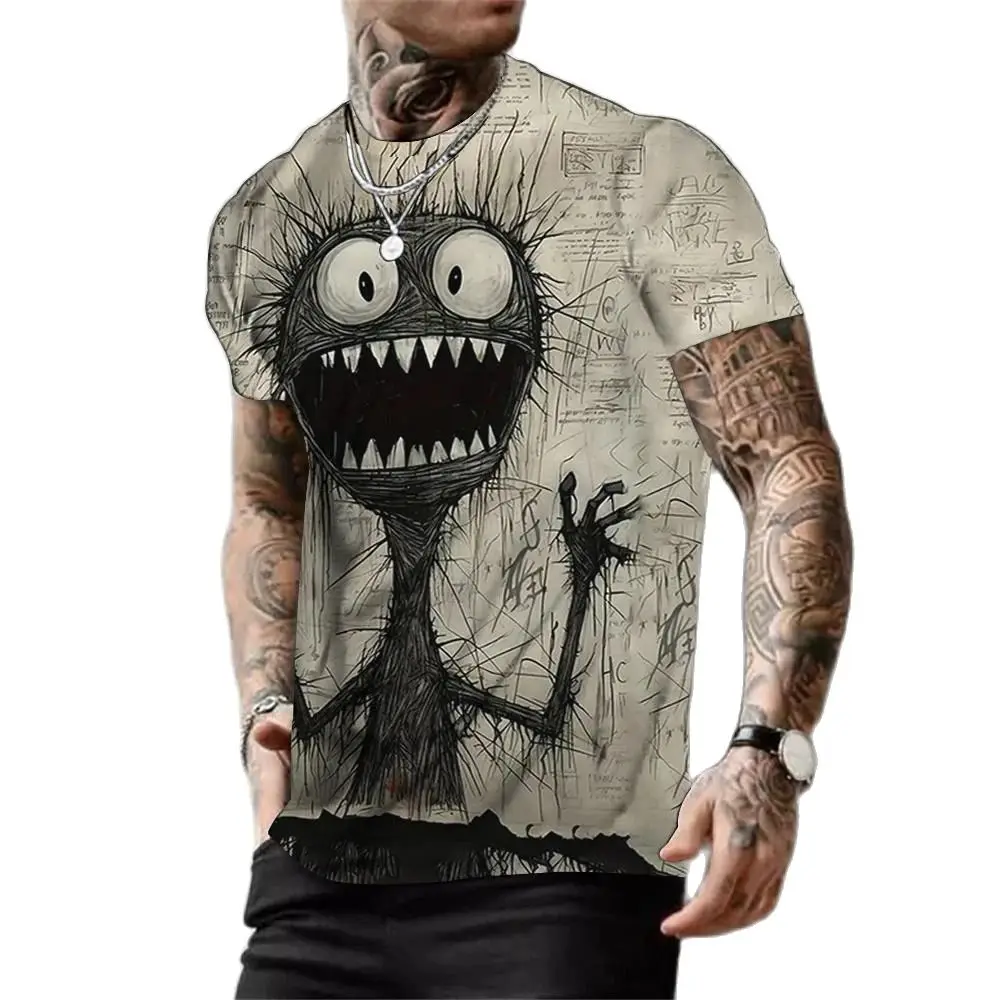 Summer Anime Monster In Panic T Shirts For Men Crew Neck Loose Short Sleeve Tee Shirt Outdoor Oversized T-shirt Men Clothing 3XL