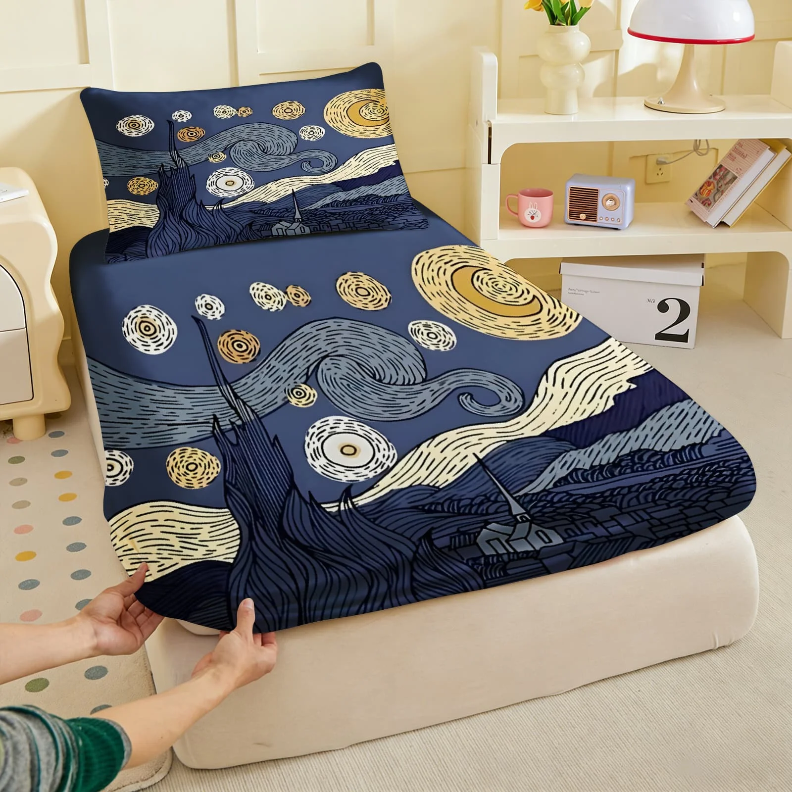 1pc Van Gogh Starry Night Art Print Fitted Sheet Deep Pocket Elastic Mattress Cover Single Double Queen King Bedroom Decor
