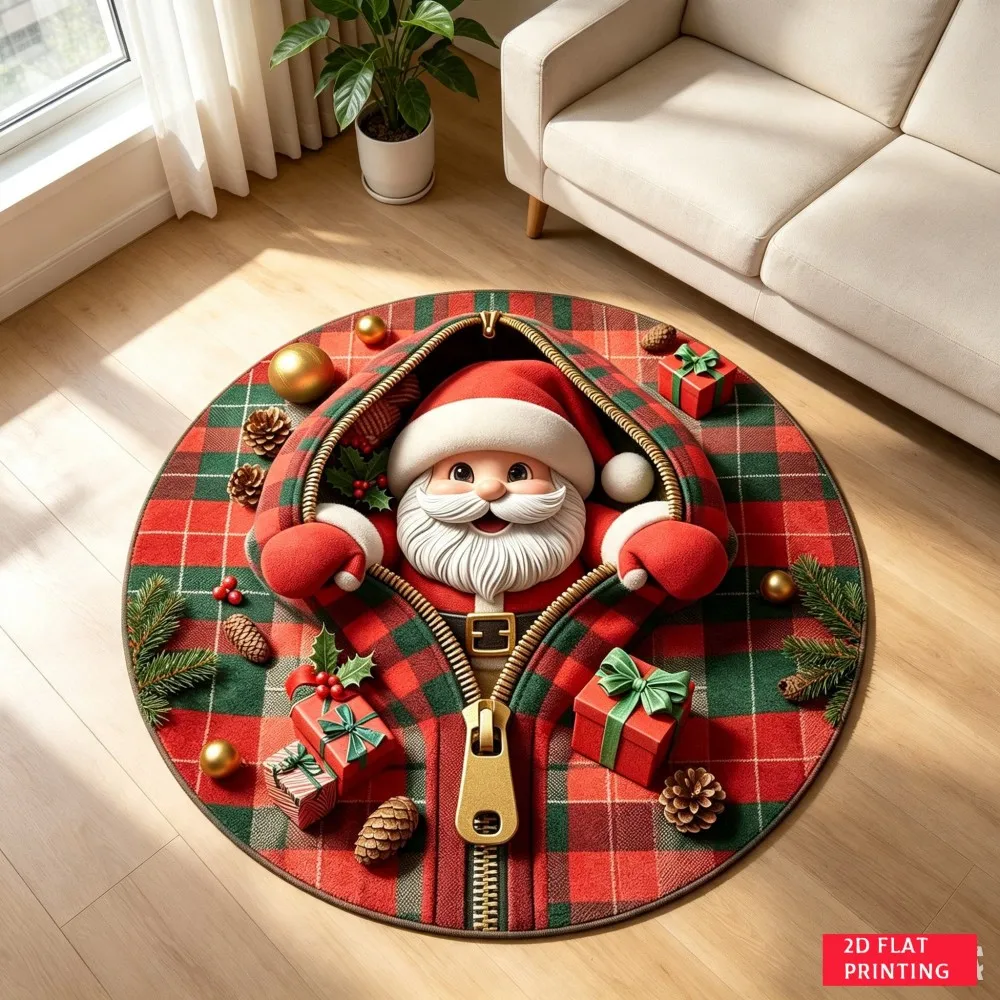 2d Zipper Santa Round Area Rug Plaid Tartan Circular Floor Mat Red Green Indoor Accent Carpet for Home Office Nursery