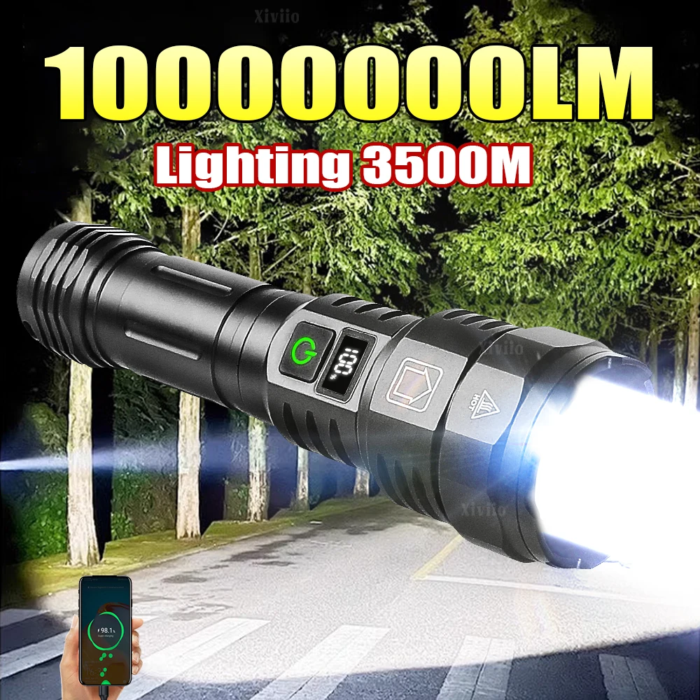 10000000LM Most Powerful Flashlight Type-C Rechargeable Torch 5 Modes Tactical High Power LED Flashlight 3500M Camping Lantern