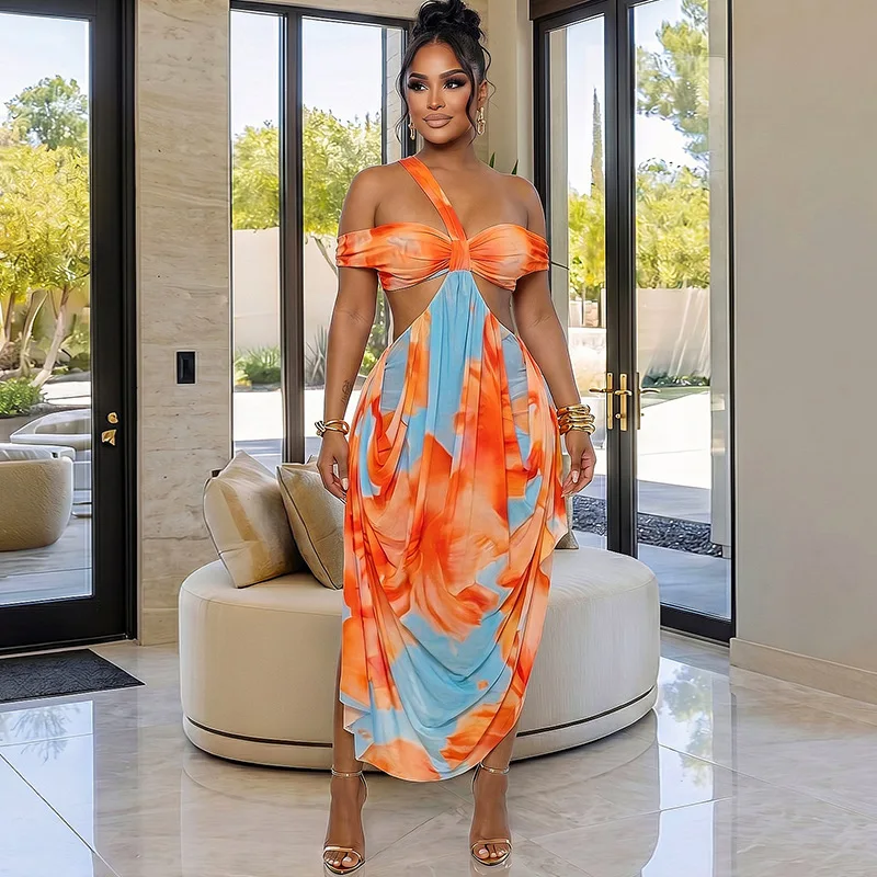 Summary Printed Women's Dress, Cool Color-blocking Wrap-shoulder Body Dress, Home Wear, Asymmetrical Neckline, Backless Long