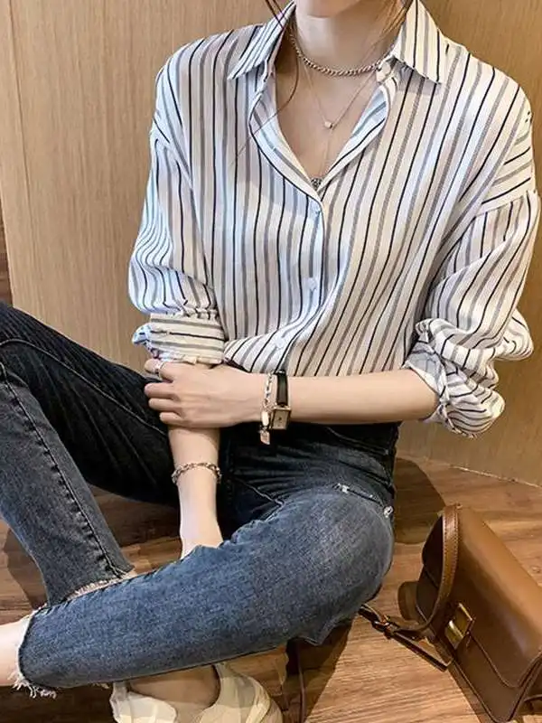 

Women's Striped Chiffon irt Spring Summer New Loose Sle Commute Sle Polyester Fiber Long Sve Regular Sve Length