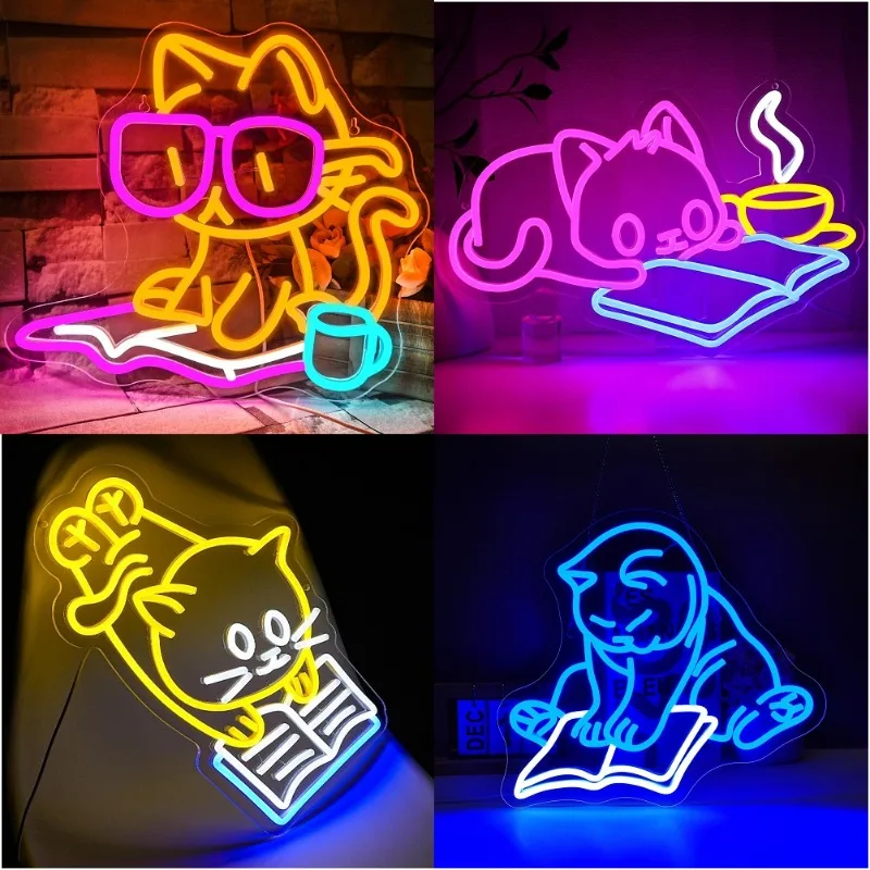 Cat Reading Book Neon Sign for Wall Decor Cute Cat Led Signs for Library Neon Lights for Classroom Reading Cafe