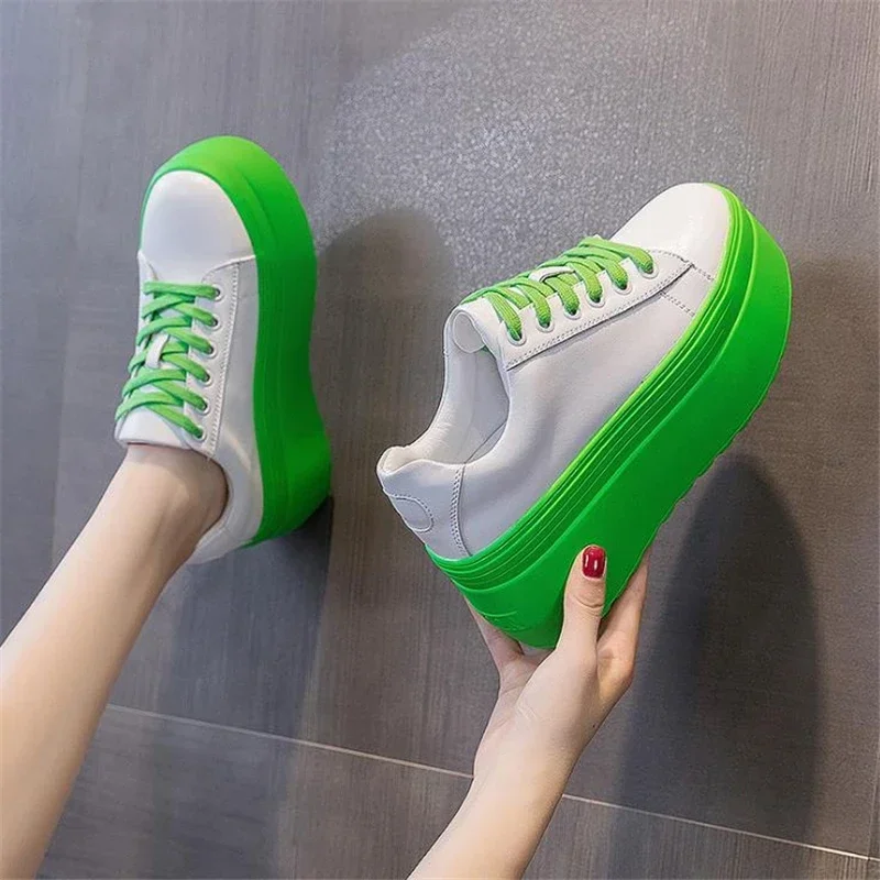 Women\'s Sneakers 8CM Thick Bottom Ladies Flats Casual Platform Flat Shoes Lace Up Leather Creppers Girls Lolita Shoes Mary Janes