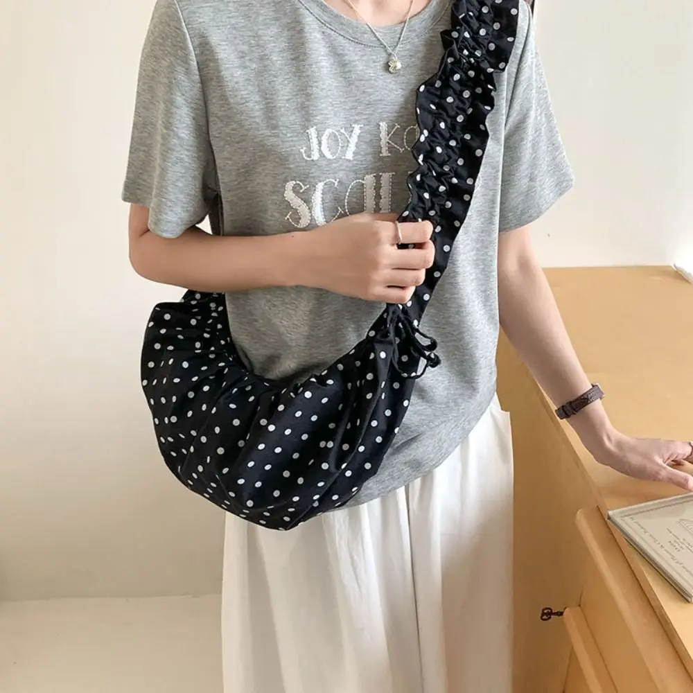 

Korean Style Drawstring Shoulder Bag Lightweight Ballet Style Polka Dot Pleated Bag Large Capacity Dumpling Bag