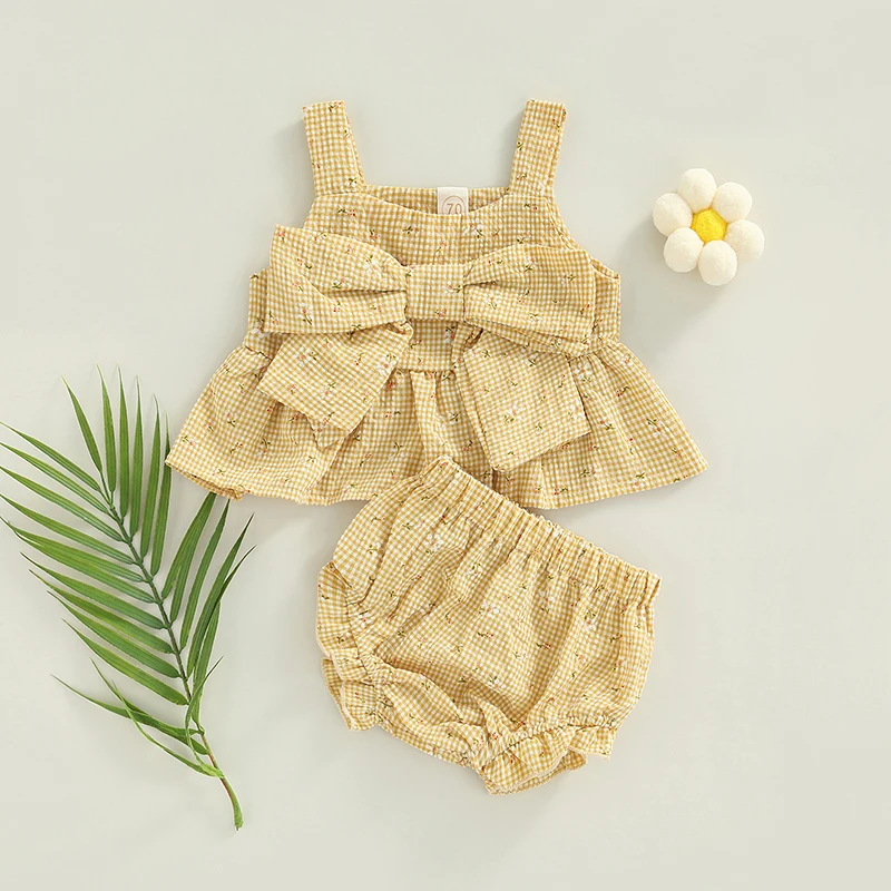 Lioraitiin Summer Infant Baby Girl Outfits Suit Plaid Pattern Floral Printed Bowknot Suspender Tops Shorts Clothes Set