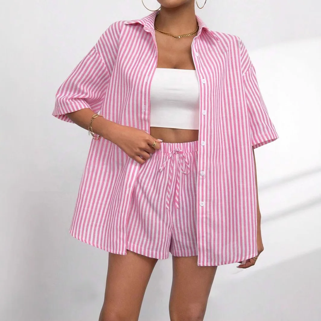 

Модный повседневный женский комплект, летние полосатые брюки с отложным воротником и короткими рукавами, костюм из двух предметов, удобная дышащая одежда