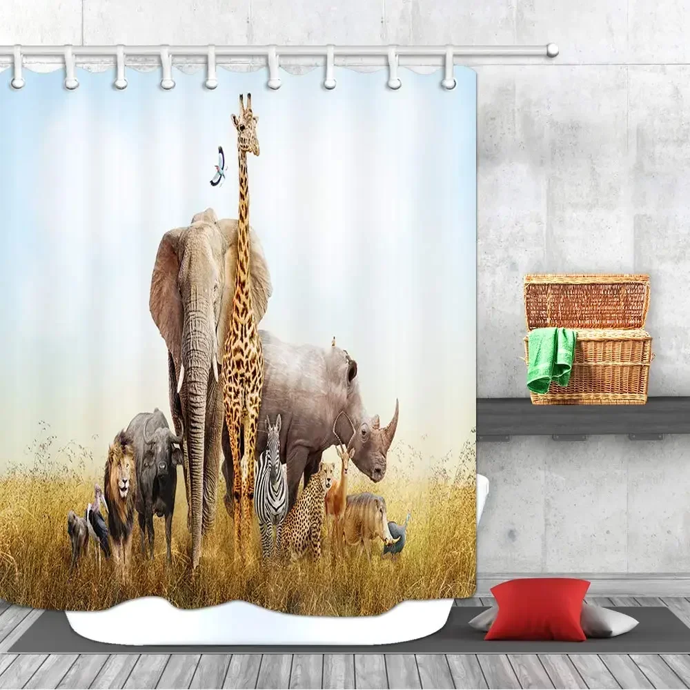 Large Group of African Safari Animals Polyester Fabric Bath Curtains