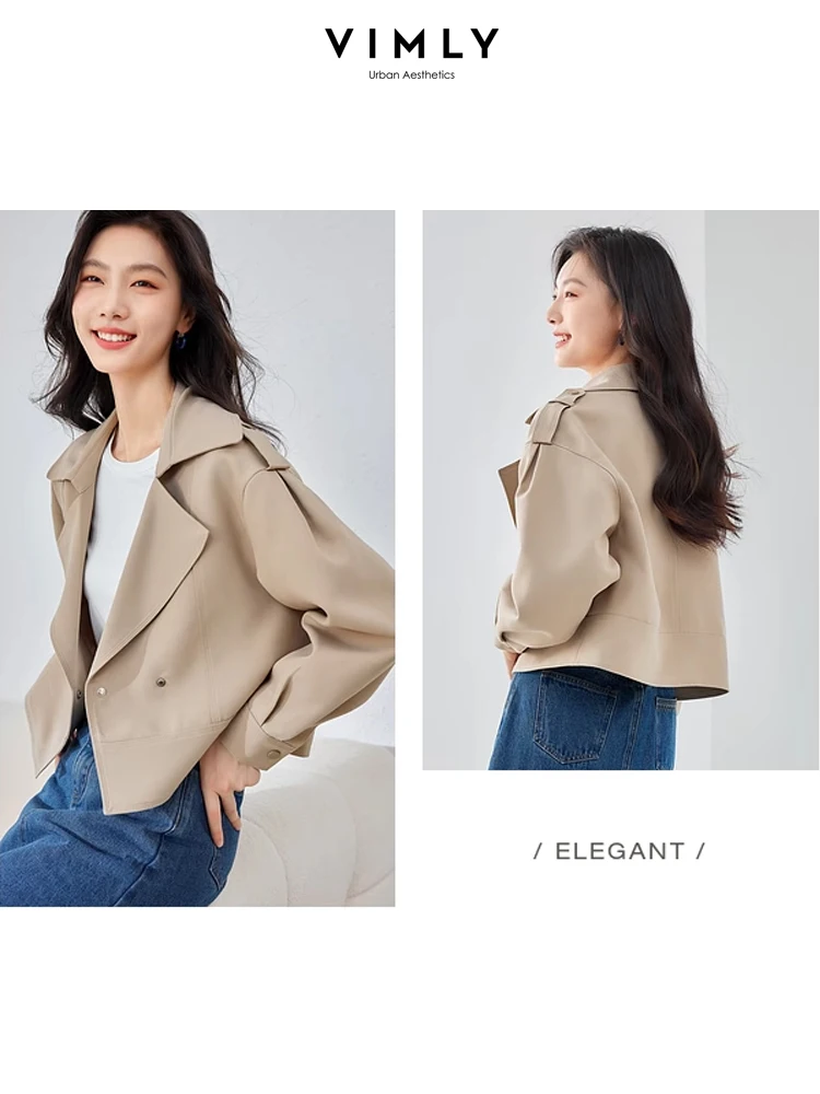 Vimly Khaki Cropped Trench Coat Autumn Lapel Long Sleeve Women's Jacket 2024 Fall New Straight Office Lady Female Clothing M3891