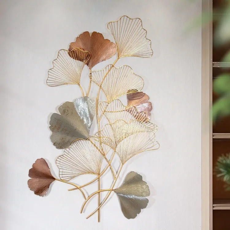 Entrance three-dimensional rose gold apricot leaf light luxury plant wrought iron wall decoration aisle corridor creative wall d