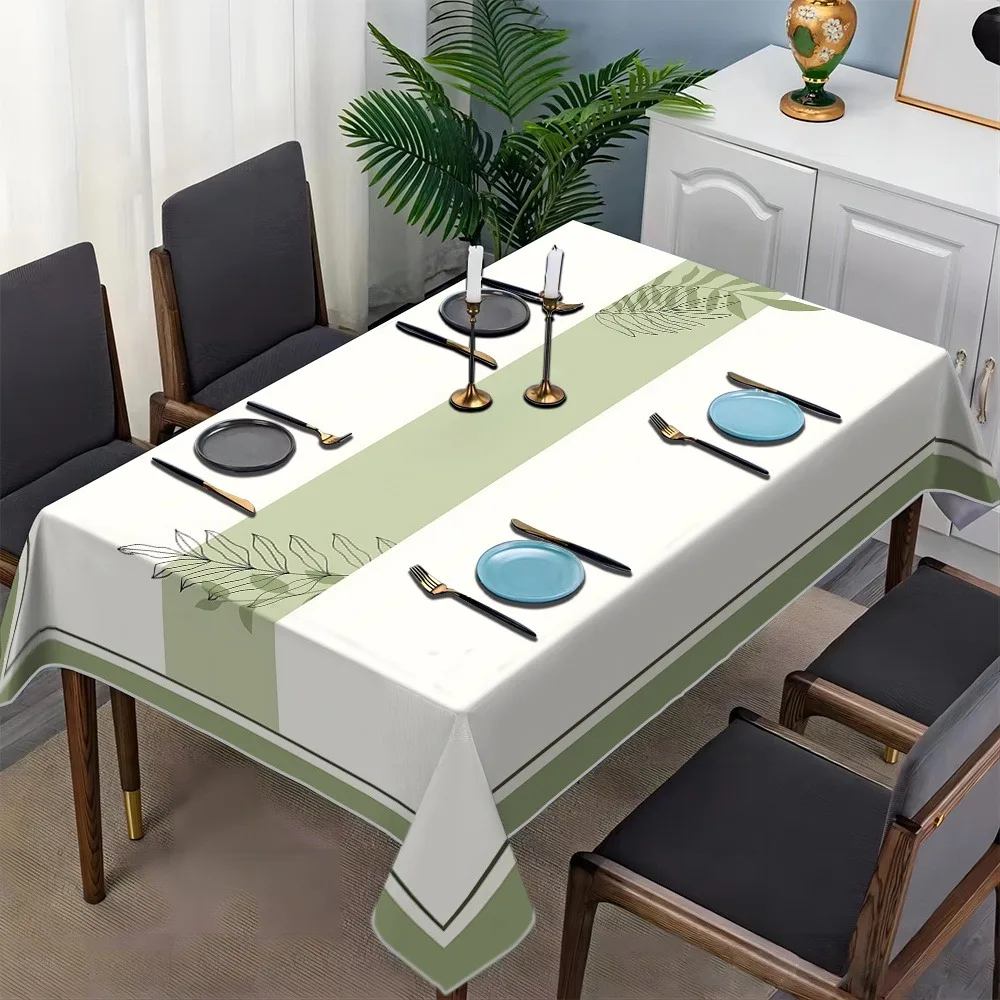 Elegant mint green with white stripe tablecloth featuring leaf patterns - reusable rectangular table covering