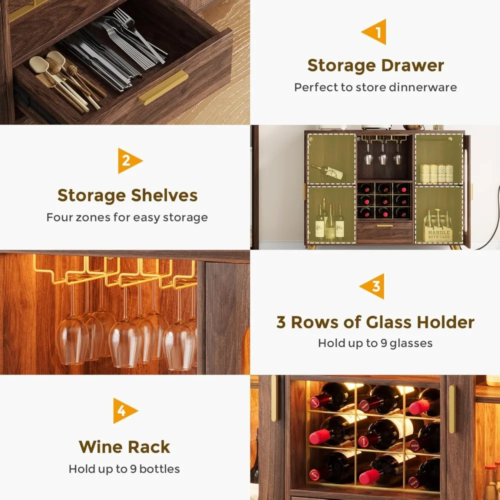 خزانة بار مع منافذ طاقة، خزانة جانبية حديثة لبار القهوة مع ضوء LED، خزانة مشروبات المزرعة مع رف النبيذ، حامل زجاجي #5