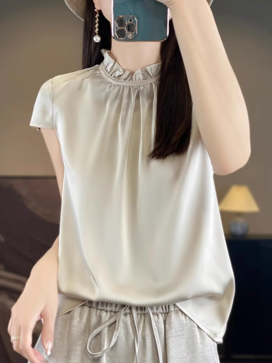 

Шелковый атлас ort Sve irt, женский утягивающий универсальный летний топ с воротником Pekin Du, новинка, удобный топ из настоящего шелка