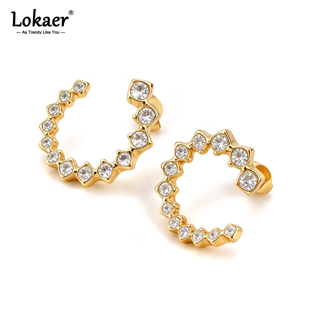 Lokaer Edelstahl-Ohrringe mit geometrischen Kreisen für Damen, vergoldet, Zirkon-Ohrklemmen, Ohrringe, Modeschmuck, E26102
