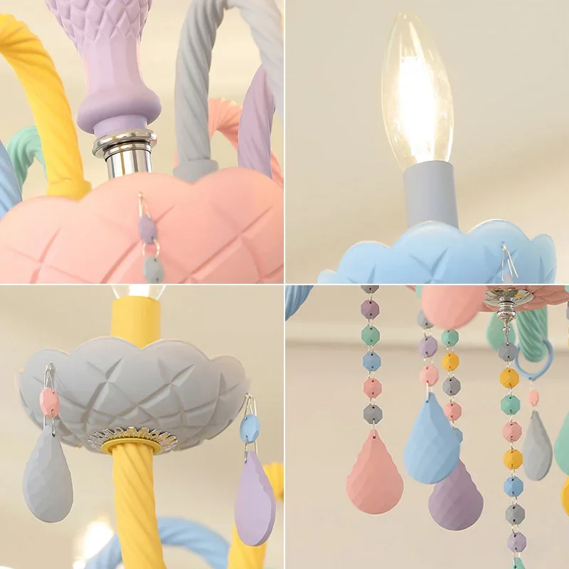 Regenbogen Kristall Kronleuchter europäische Kerze Lustres Kinderzimmer Prinzessin Makaron Lampen Winfordo Beleuchtung 110V/220V