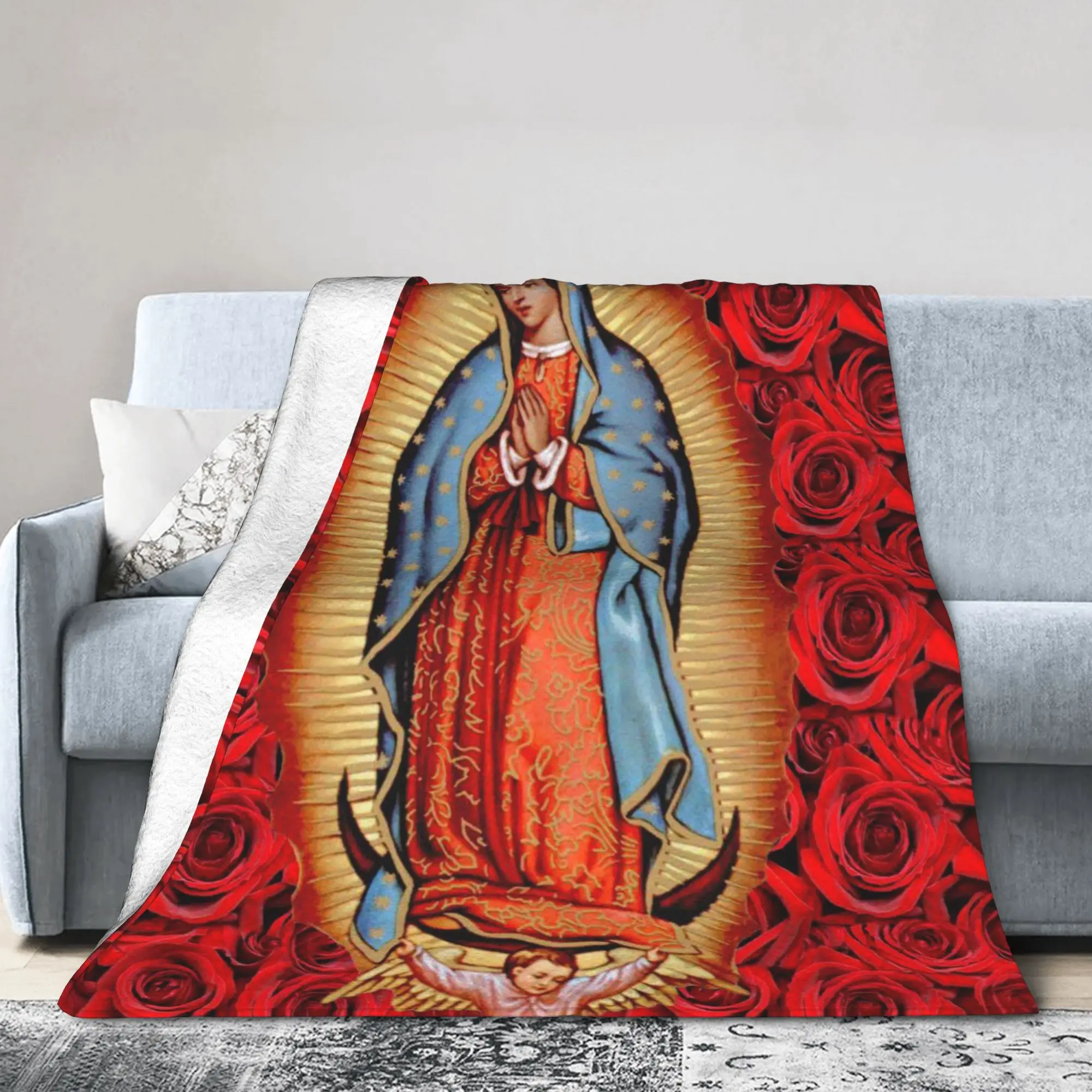 Manta cristiana católica Nuestra Señora de Guadalupe Virgen María mexicana polar divertidas mantas cálidas para decoración de colcha