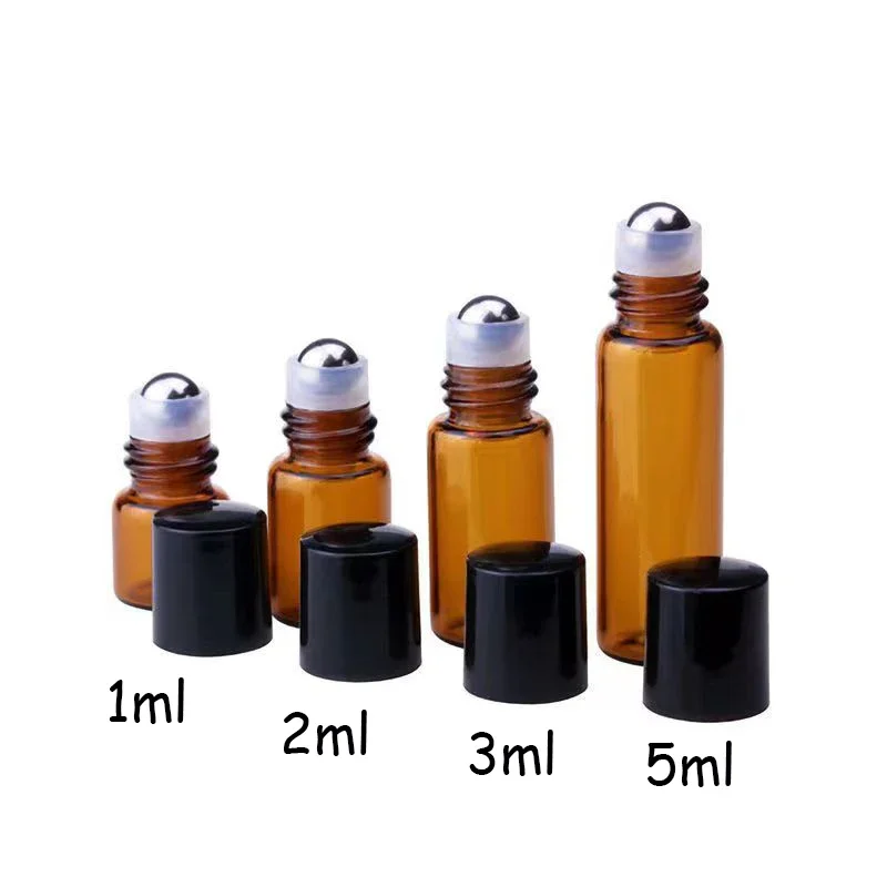 

100pcs 1ml 2ml 3ml 5ml Glass Roll On Bottles For Essential Oils Amber Refillable Glass Roller Metal Oil Vials Mini Bottle