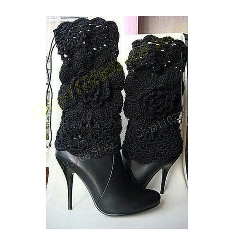 

Black Knitting Flower Short Boots Matte Leather Stiletto High Heel Retro Style Sexy Women Shoes 2024 Autumn Zapatos Para Mujere