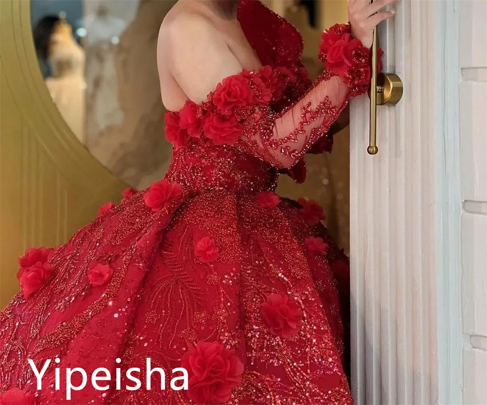 Yipeisha Sexy Sparkle One-shoulder Ball gown Formal Ocassion Gown  Flowers Sequin  Draped Fold Satin Prom Dresses