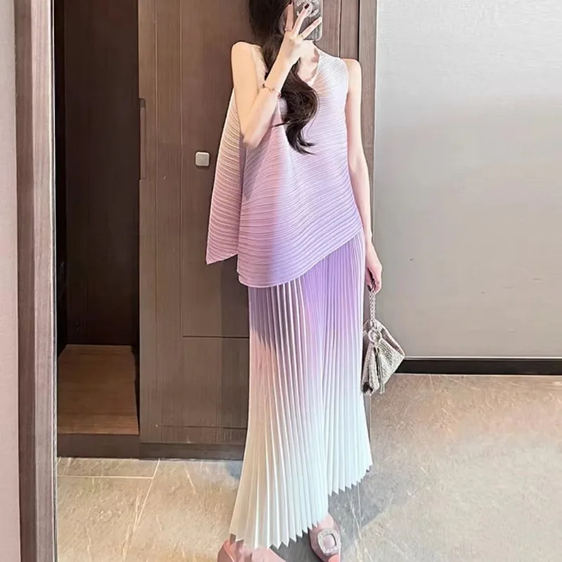 Purple Lifetime Small Fragrance Set Skirt for Women Summer 2023 New Pleated O Neck Sleeveless Shirt Two Piece Set Of Female Tops