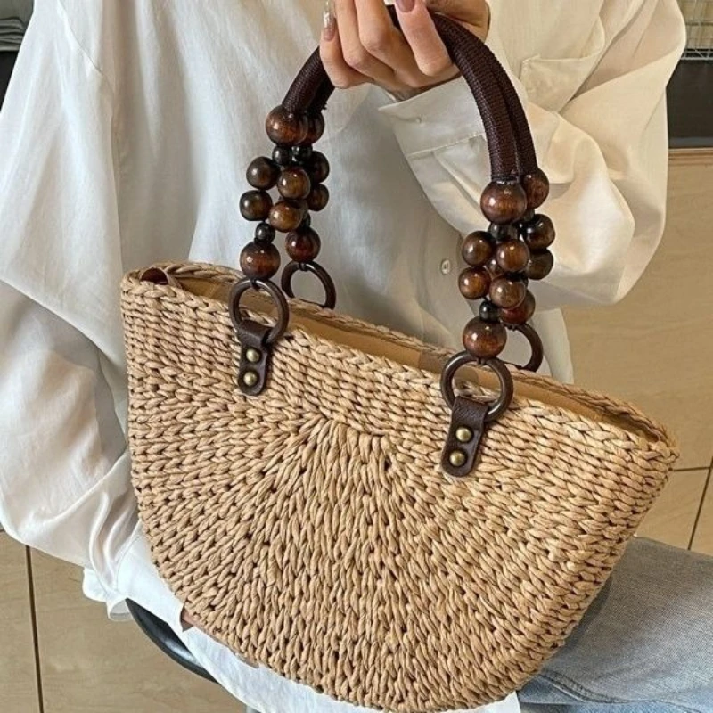 

Straw Bag Wooden Beads, Portable Large-capacity One Shoulder Bags Summer Outing Seaside Beach Vacation Pack Women Armpit Package