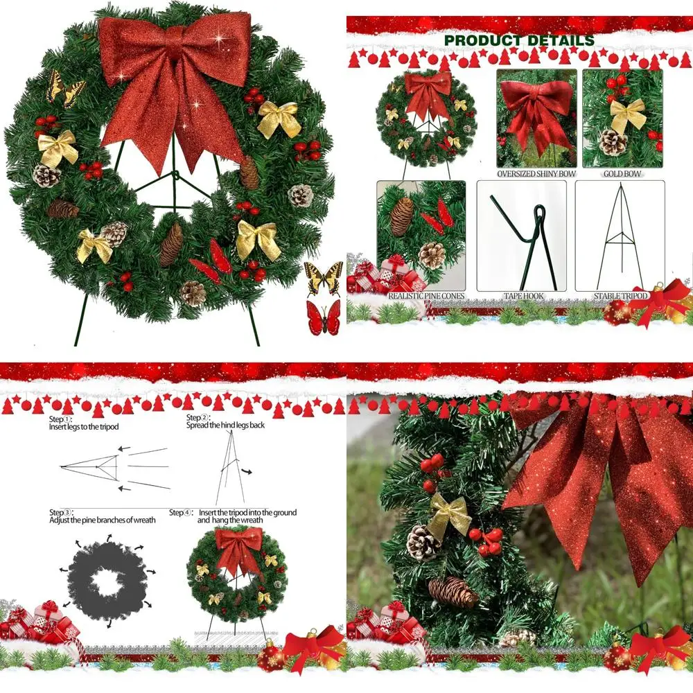 

Большие рождественские венки для гравю кладбища с подставкой, сосновыми шишками, елью, кластерами ягод, красным бантом, сезонным украшением кладбища