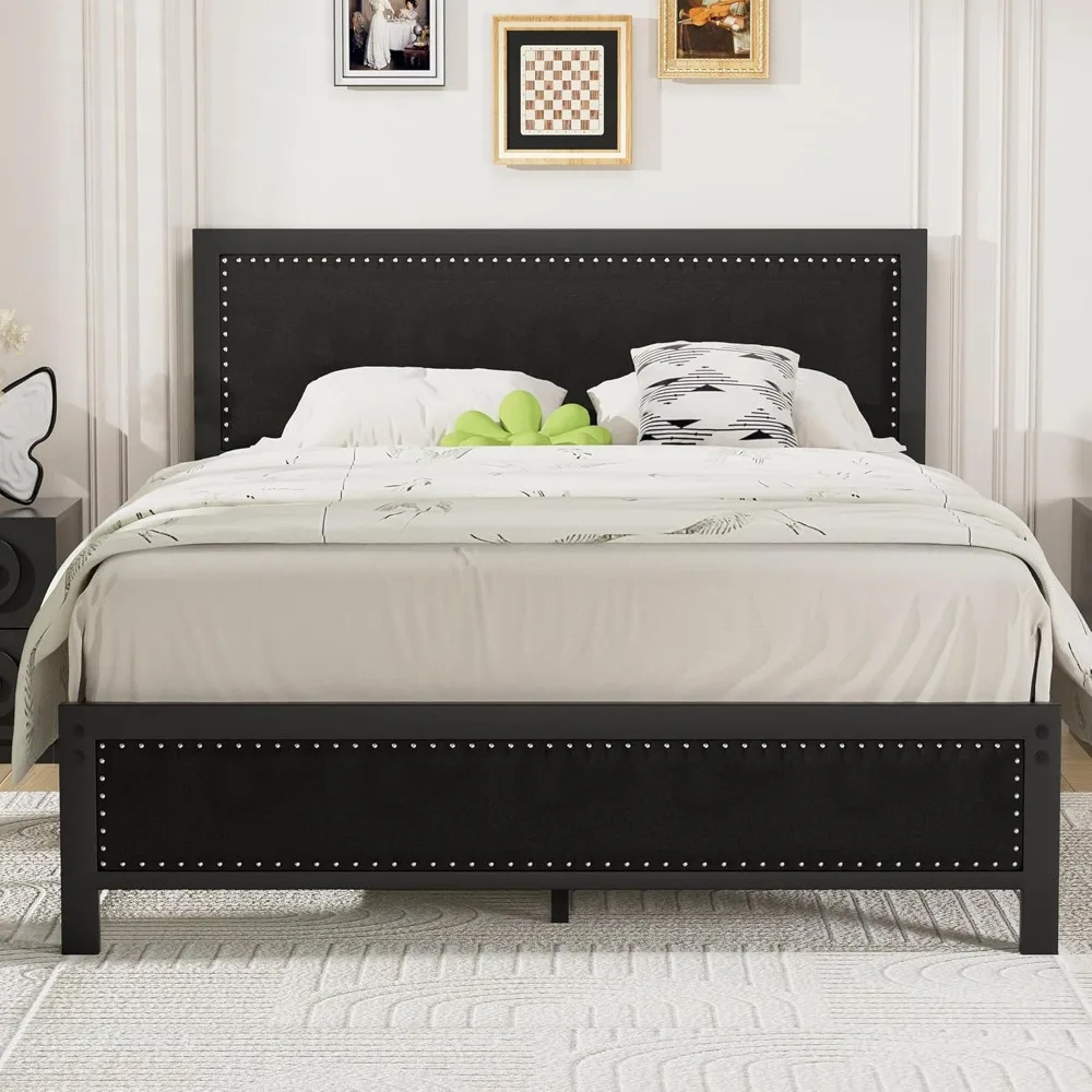 

Queen Size Bed Frame with Upholstered Headboard, Heavy-Duty Platform w/Strong Metal Slats, No Box Spring Needed, Easy Assembly