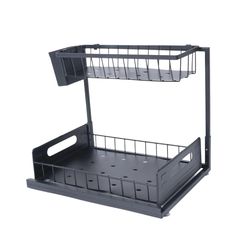 Organizer, pengatur kamar mandi di bawah penyimpanan kabinet, Penyimpanan konter 2 tingkat dengan kait laci cangkir tahan lama mudah digunakan