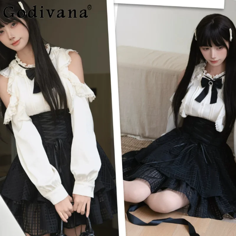Sweet Cool Girl Fashion Subculture Spring Lace Elegant Long Sleeve Shirt Fashion High Waist Gauze Lace-up A-line Black Skirt
