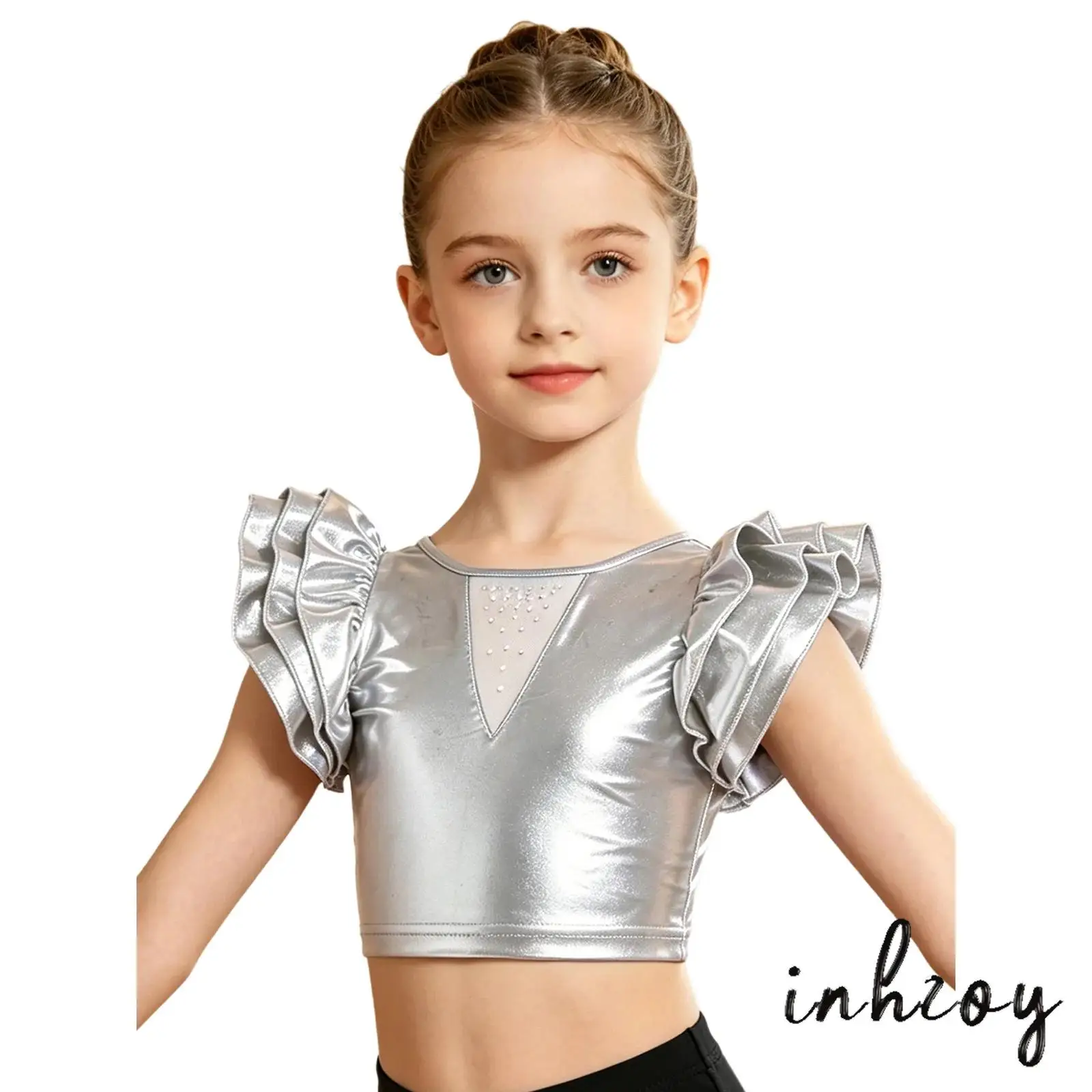

Girls Hip Hop Dance Top Metallic Crop Layered Ruffled Sleeves Keyhole Back Top for Street Dance Party Stage Performance Costume