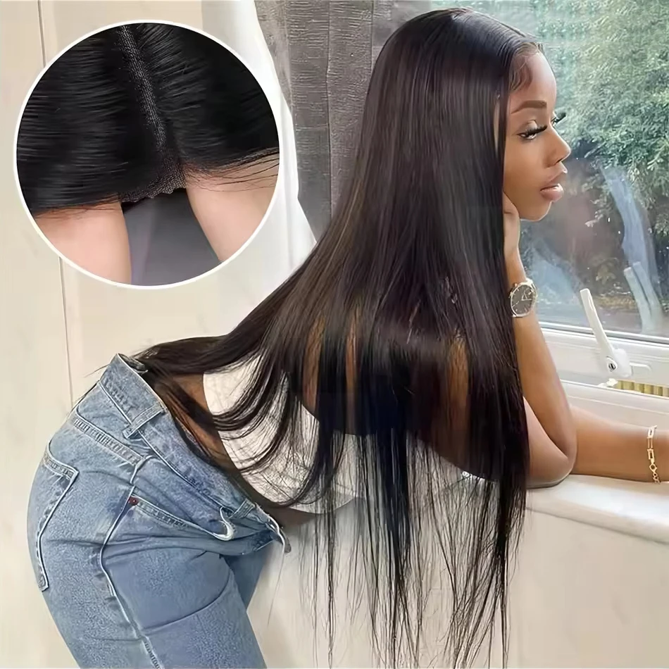 Smilegirl 24 Inches Straight Glueless Wigs Human Hair Preplucked PreCut 220 Density Drawstring 4x4 5x5 Hd Lace Front Wig Wear And Go Natural Color image 2