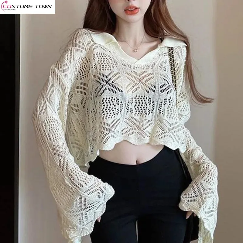 

Short Sun Protection Clothing Knitted Sweater for Women's Summer Thin Cut Hollow Ice Silk Versatile Top Bohemian Style Cover Up