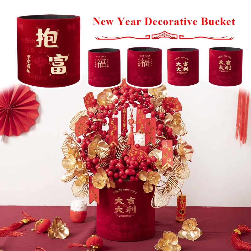 

2Pcs New Year Festive Bouquet Holding Barrel Velvet Chinese Style Wedding Decor Barrel Fortune Fruit Flower Arrangement Decor