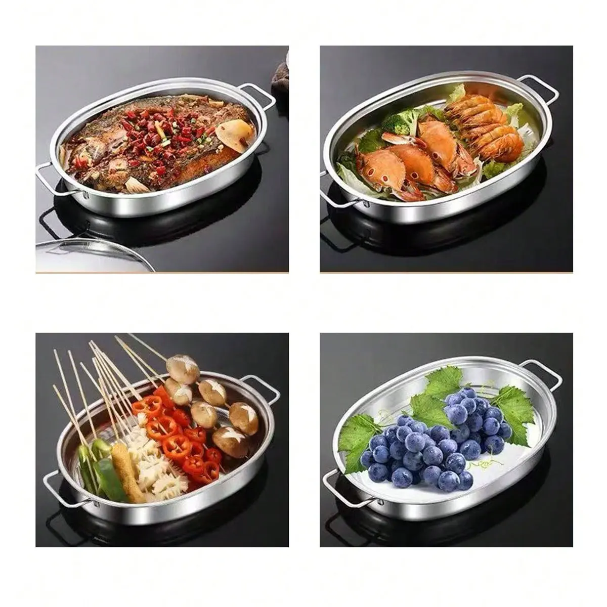 Stainless Steel Tray with Ears for Grilling Fish, Rectangular Plate for Home Use, Fish Plate for Induction Cooker, Deep Plate, Iron Plate for Commercial Use, 1 Piece