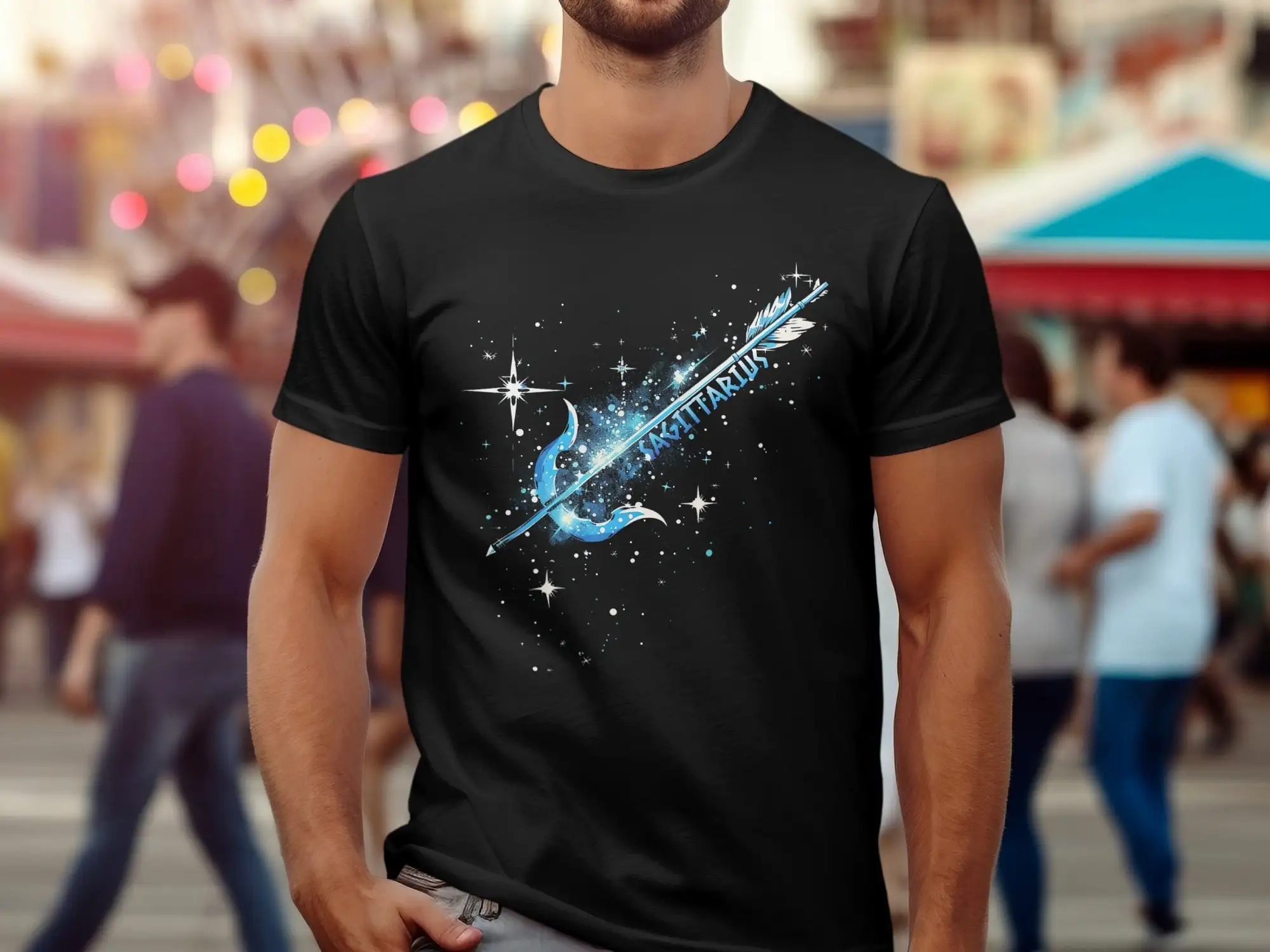 Sagittarius Zodiac Bow Arrow T Shirt Unique Celestial Design Horoscope Apparel Astrology Star Sign Clothing Blue Cosmic Art