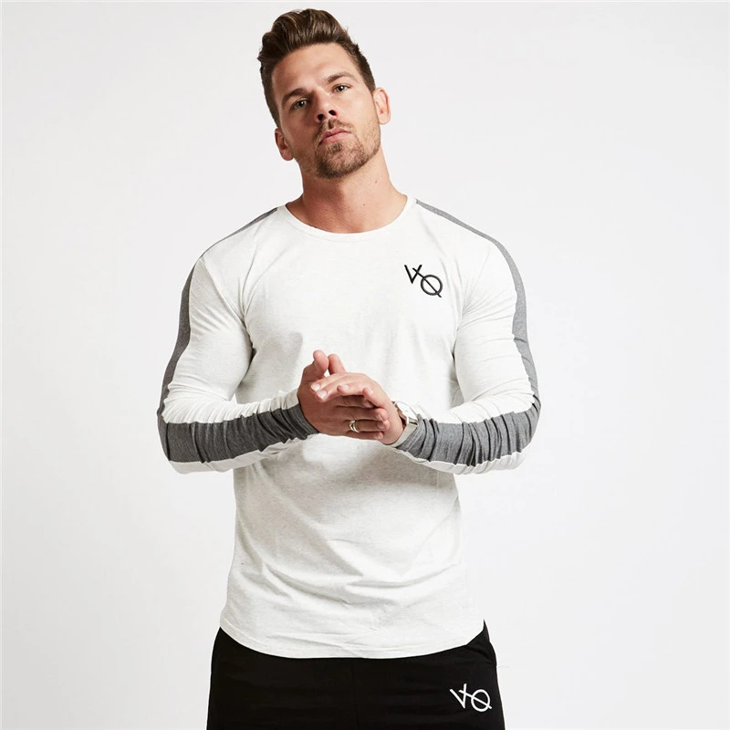 Cotton new white slim long sleeve T-shirt men\'s shirt crewneck fashion patchwork casual wear jogger fitness exercise sports wear