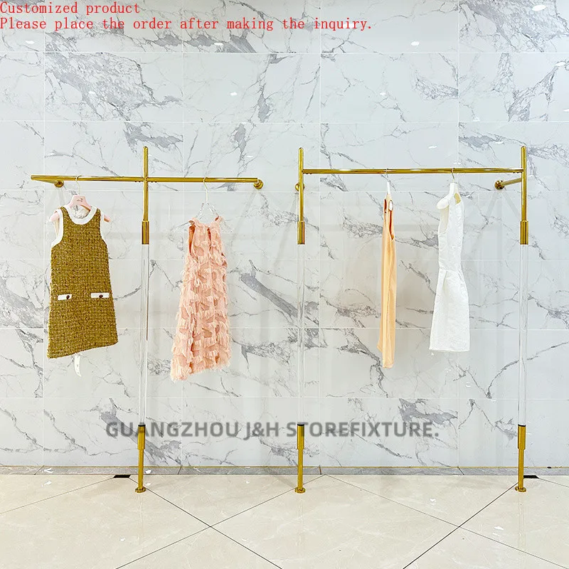 

Custom.Clothes Store Fixture Custom Interior Design Wall Mounted Golden Metal T-shape Clothing Display Rack