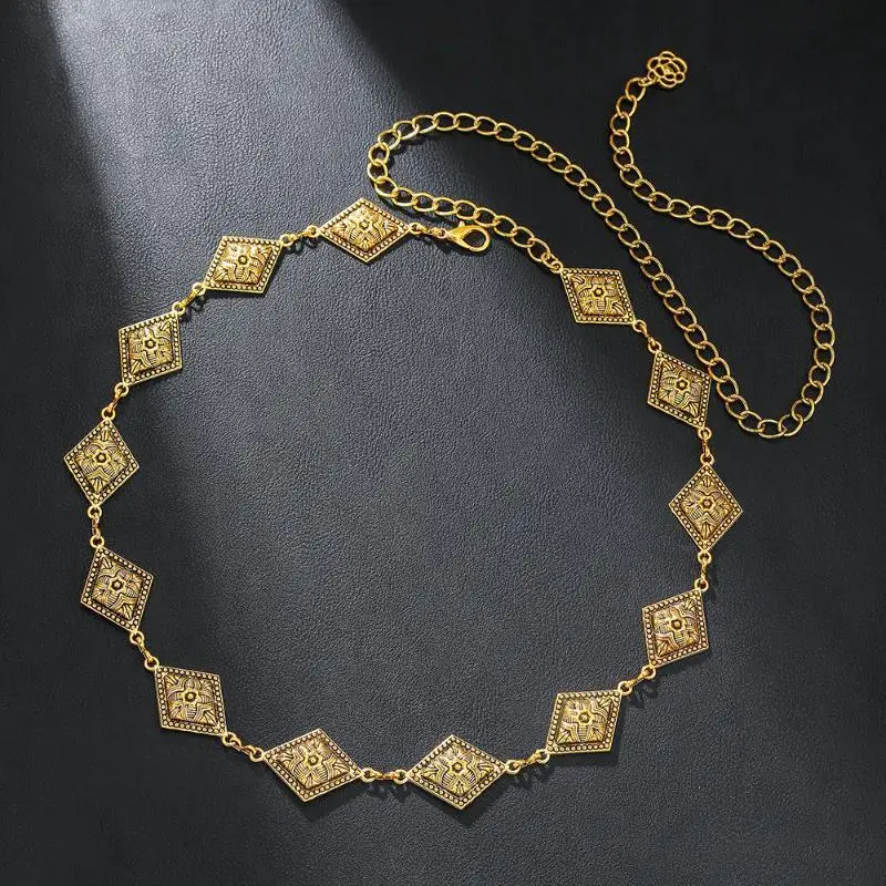 Retro Vielseitiger Ethno-Stil Rautenmuster Bohemian Taillenkette Gürtel für Damen Mode Pulloverkette Taillenverschluss Körperschmuck Accessoires – Detail 4