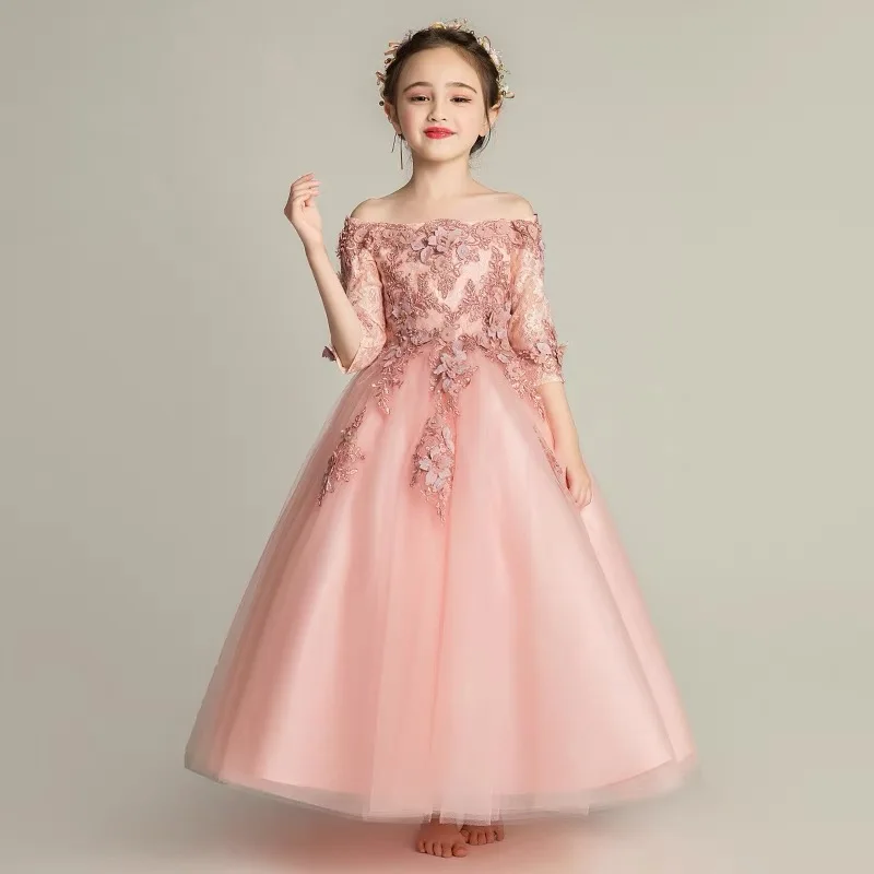 

Flower Girl Dresses for Wedding Beads Appliques Off Shoulder Evening Formal Prom Long Gown Kids Birthday Party Princess Vestidos