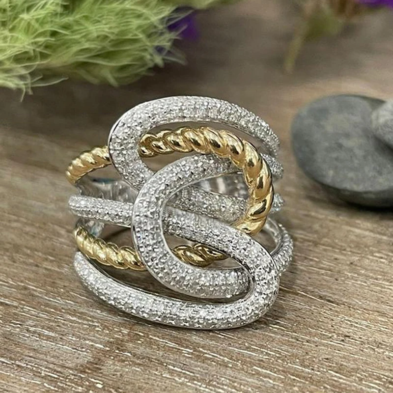 Huitan Two Tone Twist Intertwined Rings for Women Paved Sparkling Cubic Zirconia Daily Party Multi-layer Modern Fashion Jewelry