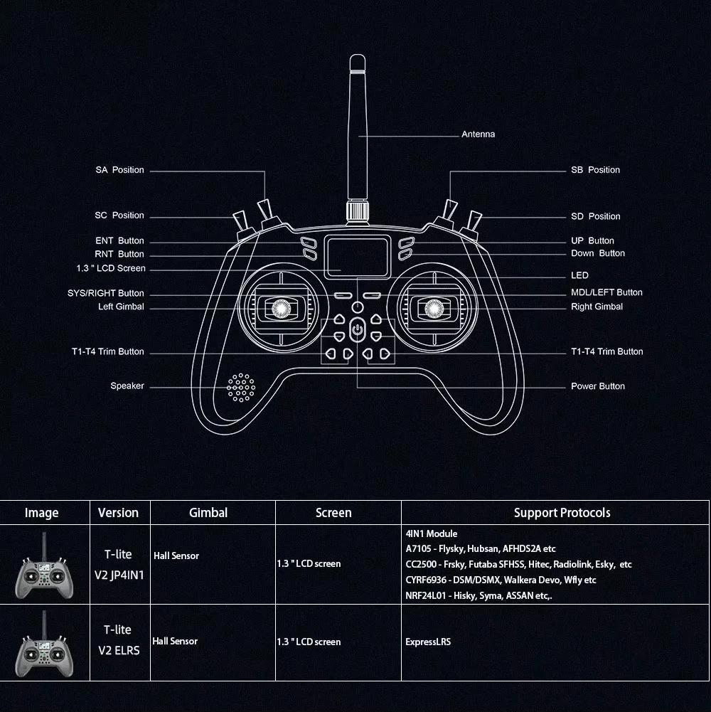 Jumper T-Lite V2 Remote Control RC Model ELRS JP4IN1 Hall Sensor Gimbals Internal Multi-Protocol Module For FPV Racing Drone