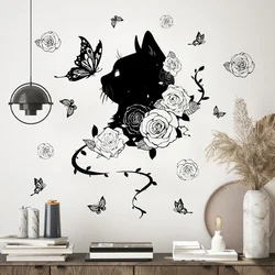 Black Cat Flower Butterfly Wall Sticker Girl Room Dormitory Decoration Wallpaper Self Adhesive Home Decor For Bedroom