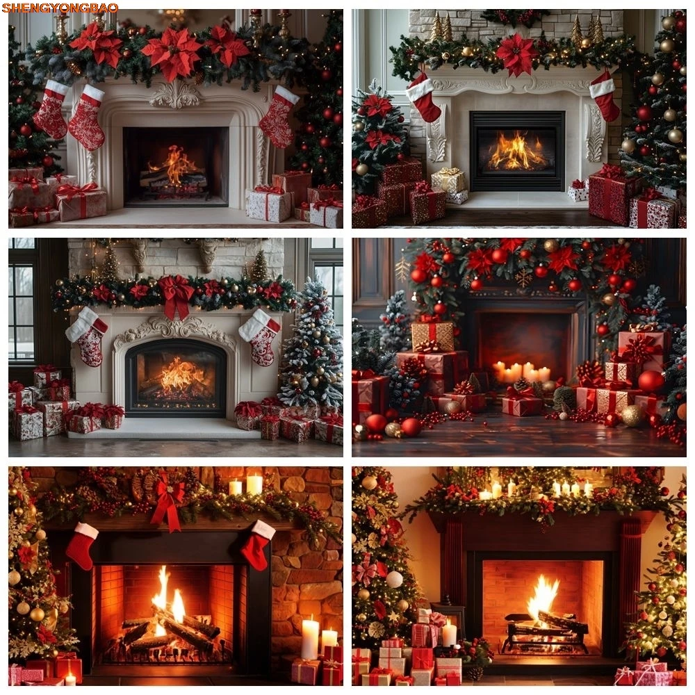 

Fireplace Backdrop Socks Gifts Fire Green Holly Leaves Christmas Party Home Room Decor Family Portrait Photography Background