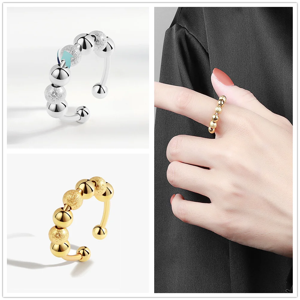 Lucky frosted Bead metal spinner fidget knuckle rings for women rotating anxiety fidget adjustable open rings anillos mujer