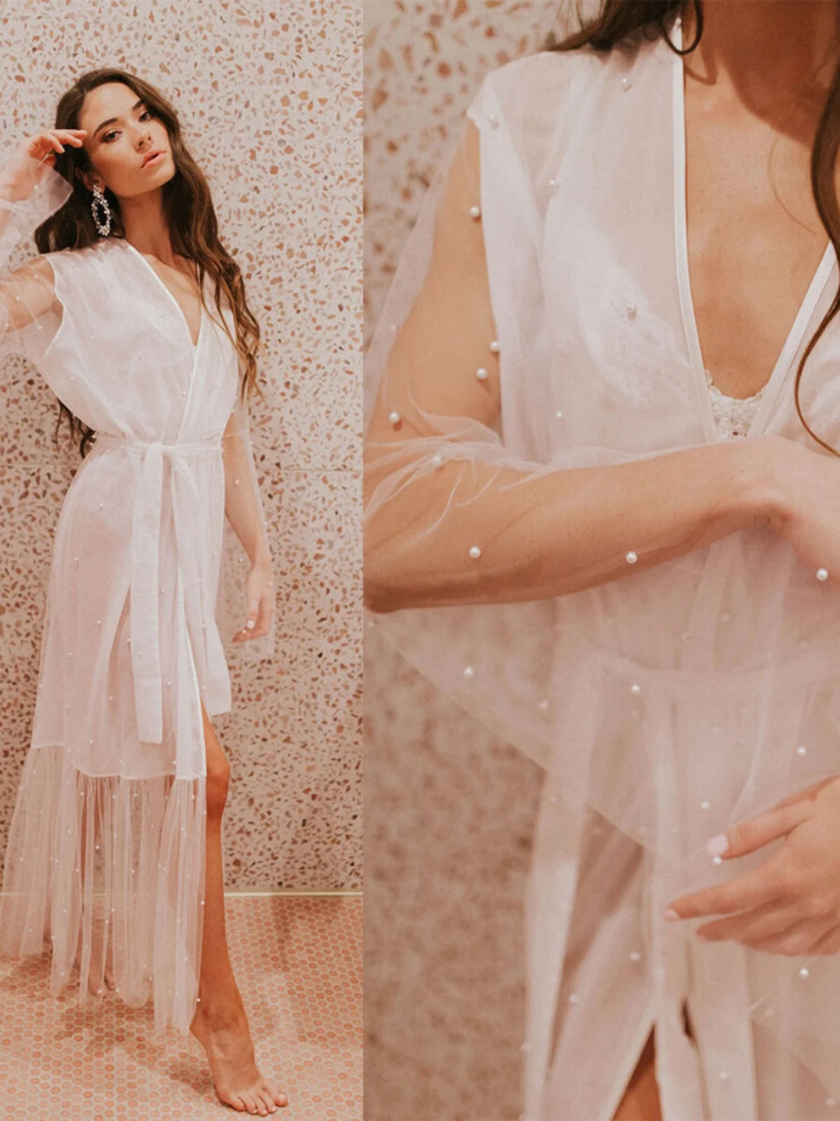 

Ladies Summer Thin Pearl Me Long awl Wedding Dr Accory Outerwear Sexy See-tough Nightgown Ethnic Stage Costume