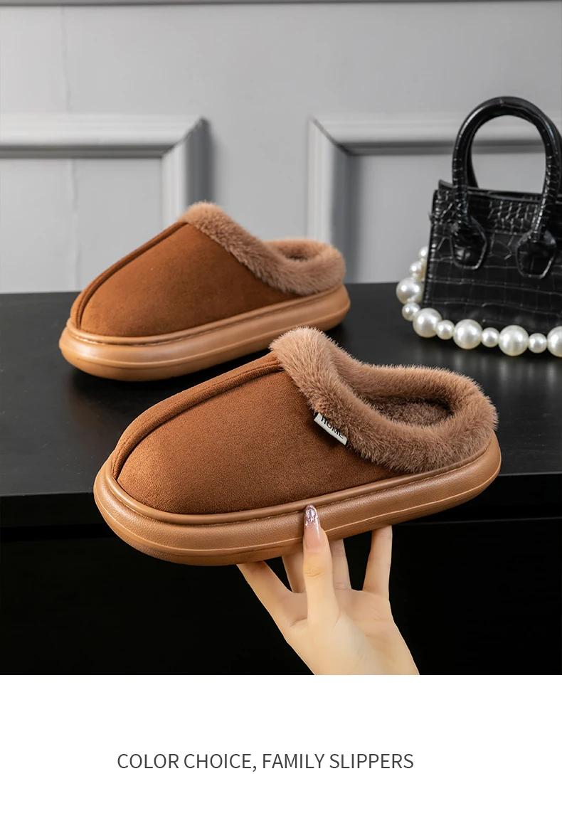 Modische, flauschige Plateau-weiche Hausschuhe für Damen, Plüsch, warme Baumwollschuhe, bequem, rutschfest, Herbst-Winter, Unisex-Hausschuhe – Detail 14